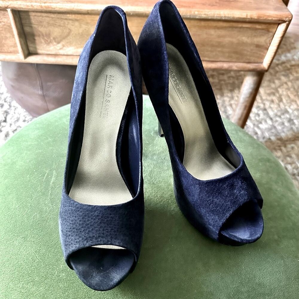 Marco Santi Navy Suede Peep Toe Stiletto Heels, size 9.5